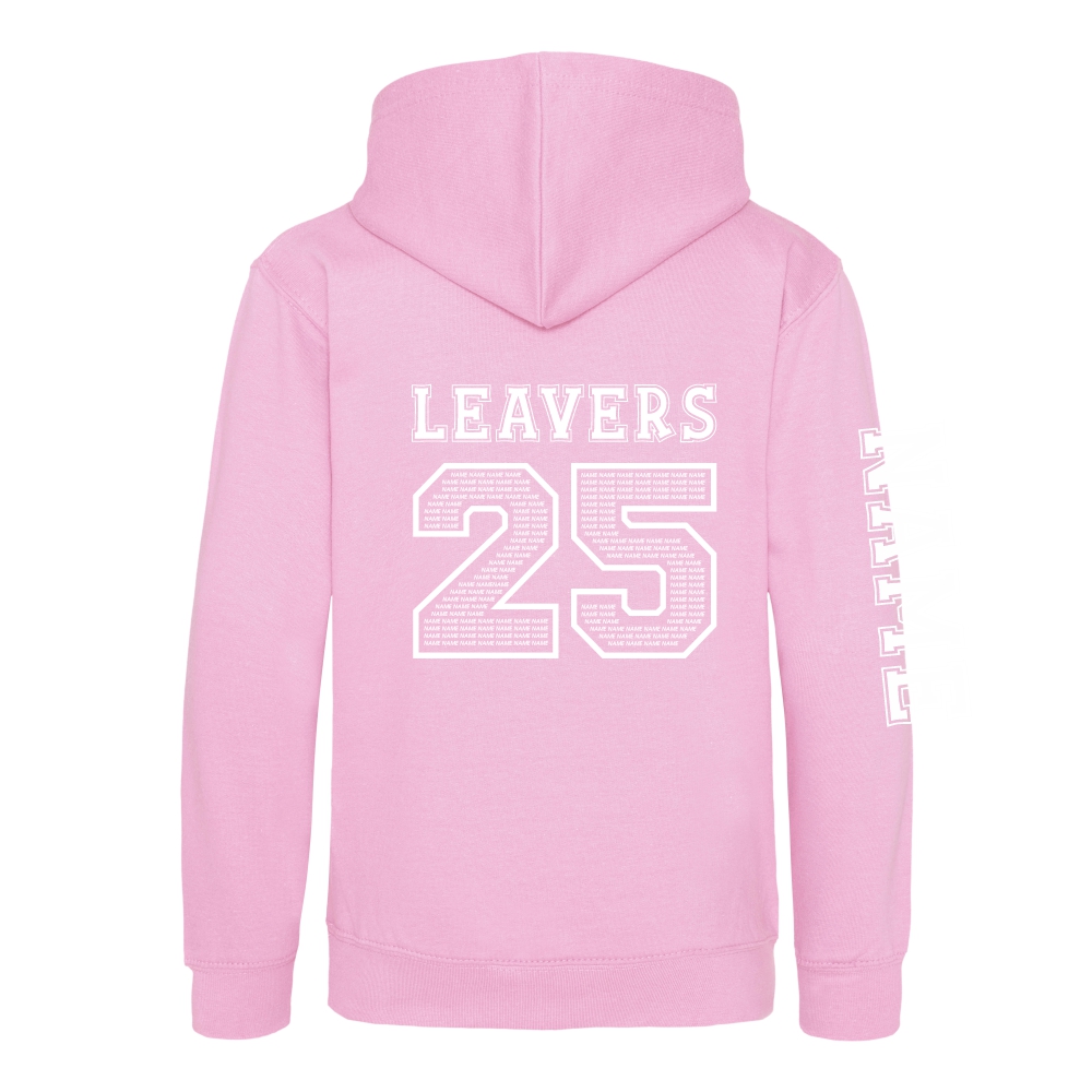 Rear view of the baby pink colour 2025 leavers hoodie for Ninfield Primary School.