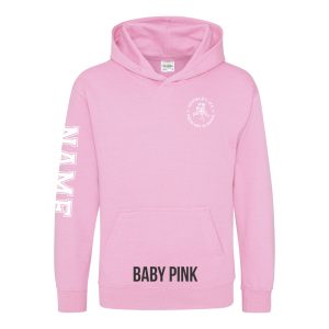 Frontal view of the baby pink colour 2025 leavers hoodie for Ninfield Primary School.
