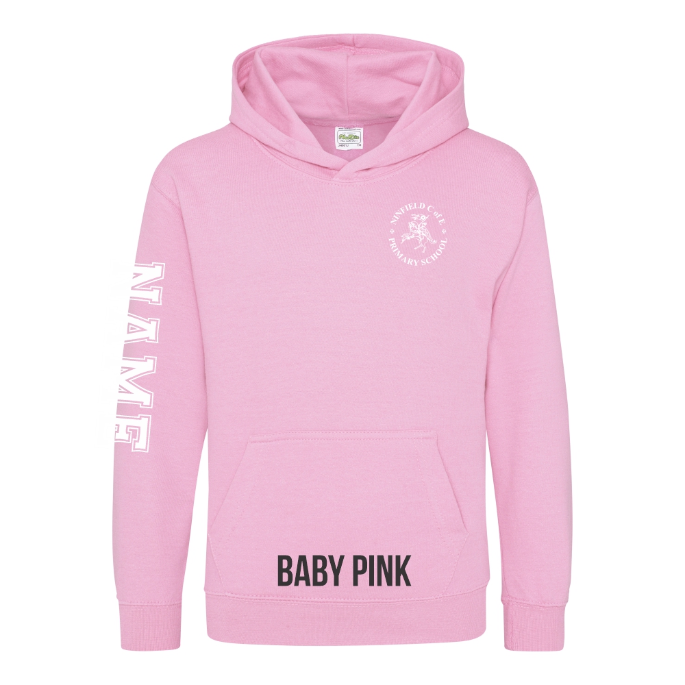 Frontal view of the baby pink colour 2025 leavers hoodie for Ninfield Primary School.