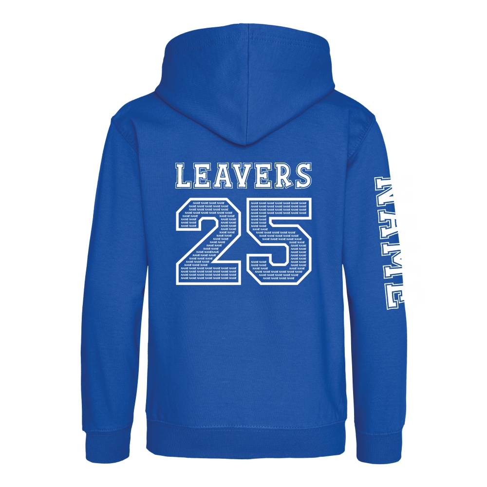 Rear view of the bright royal colour 2025 leavers hoodie for Ninfield Primary School.