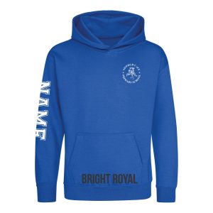 Frontal view of the bright royal colour 2025 leavers hoodie for Ninfield Primary School.