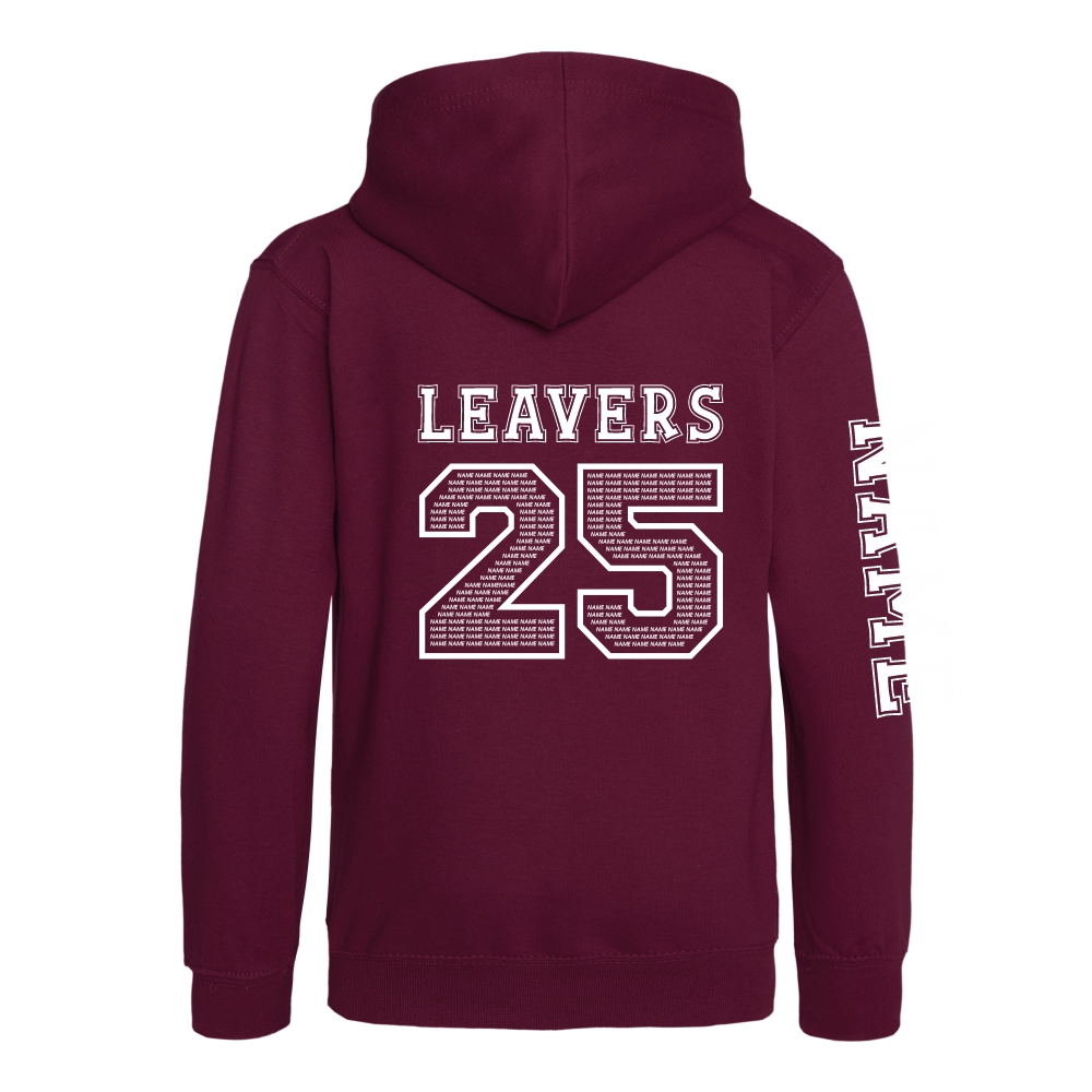 Rear view of the burgundy colour 2025 leavers hoodie for Ninfield Primary School.