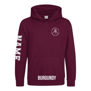 Frontal view of the burgundy colour 2025 leavers hoodie for Ninfield Primary School.