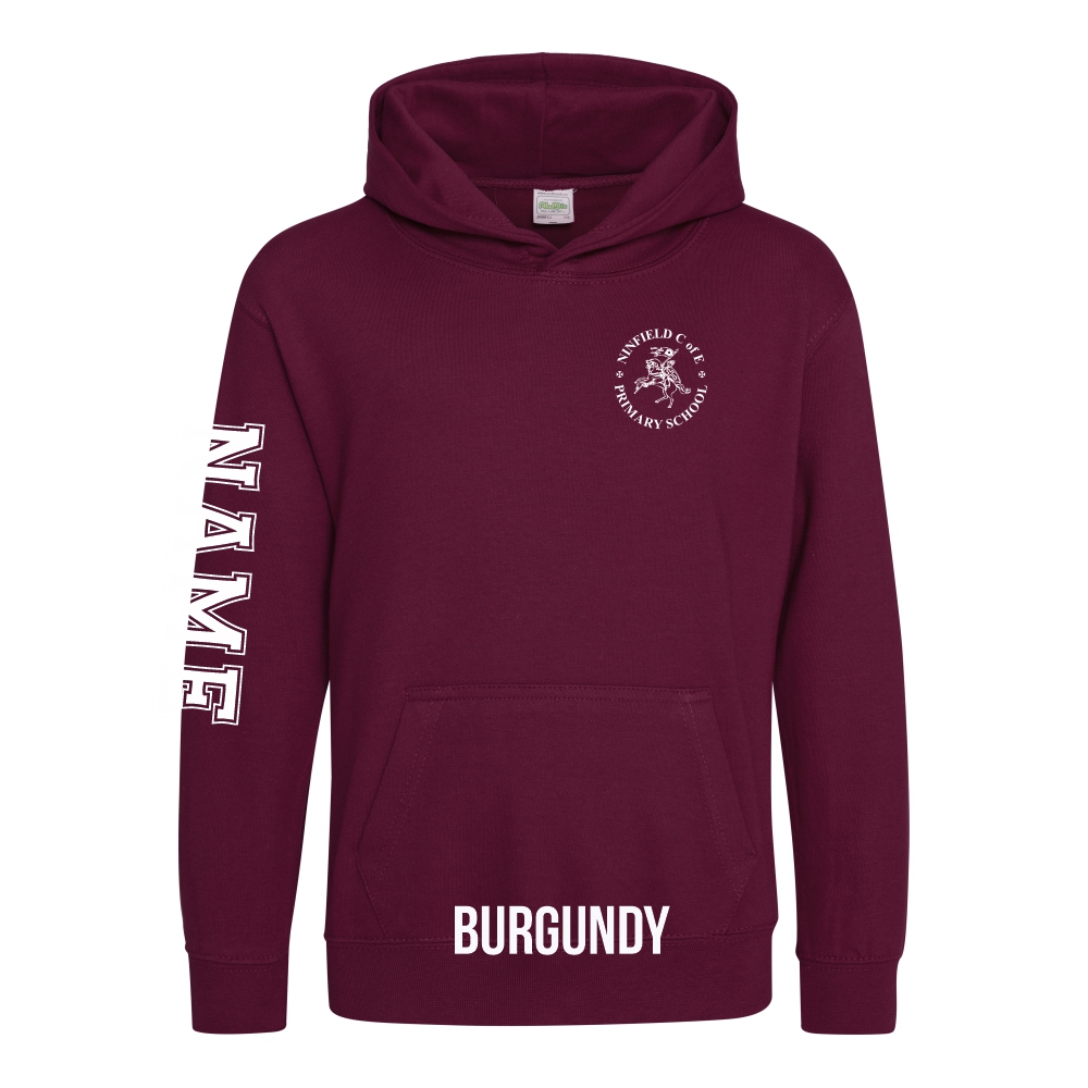 Frontal view of the burgundy colour 2025 leavers hoodie for Ninfield Primary School.