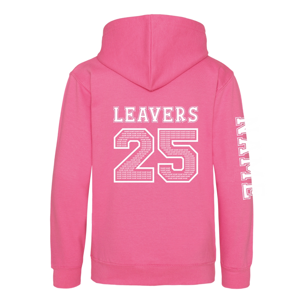 Rear view of the candyfloss pink colour 2025 leavers hoodie for Ninfield Primary School.