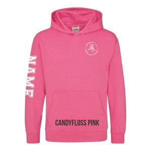 Frontal view of the candyfloss pink colour 2025 leavers hoodie for Ninfield Primary School.