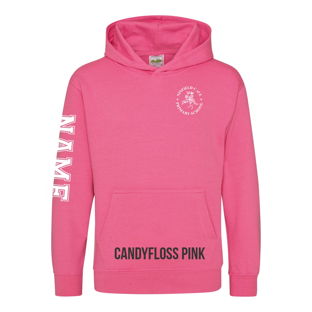 Frontal view of the candyfloss pink colour 2025 leavers hoodie for Ninfield Primary School.
