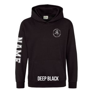 Frontal view of the deep black colour 2025 leavers hoodie for Ninfield Primary School.