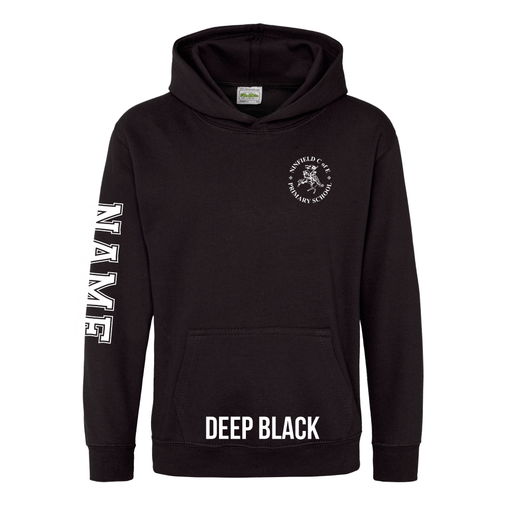 Frontal view of the deep black colour 2025 leavers hoodie for Ninfield Primary School.