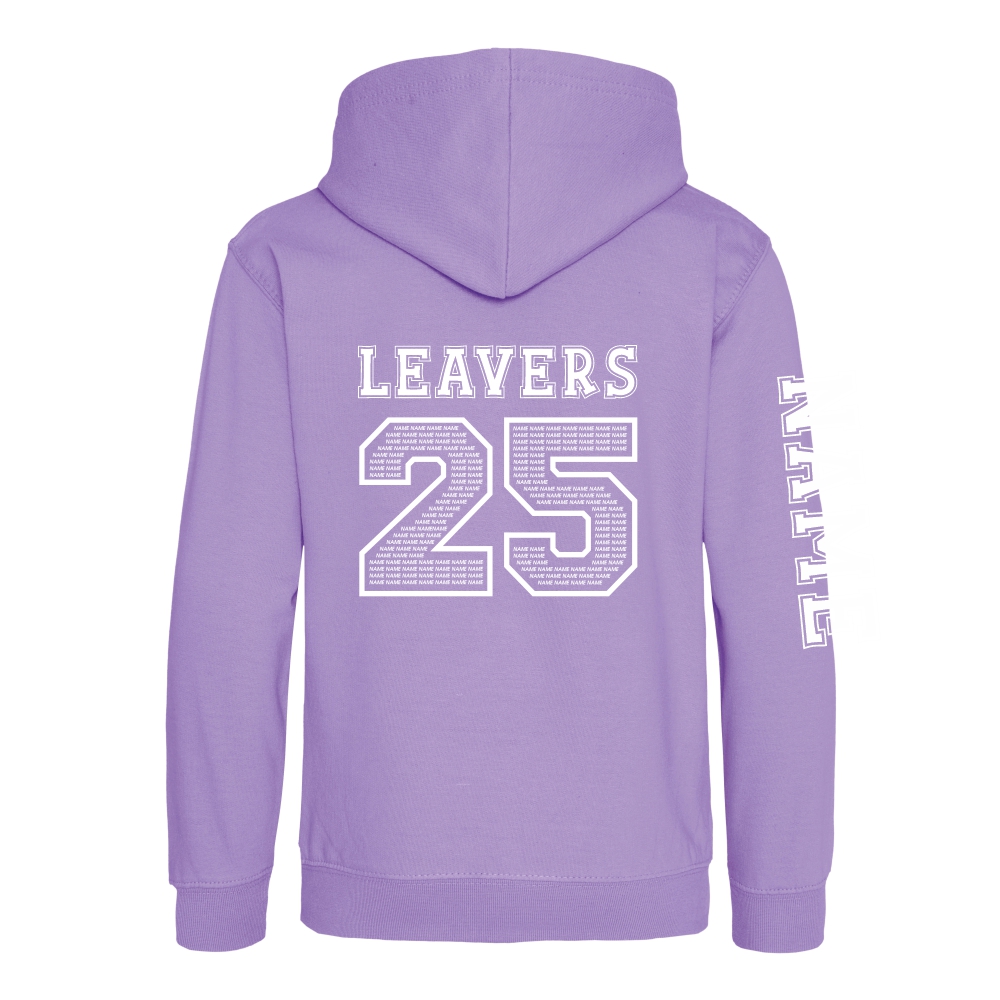 Rear view of the digital lavender colour 2025 leavers hoodie for Ninfield Primary School.