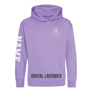Frontal view of the digital lavender colour 2025 leavers hoodie for Ninfield Primary School.
