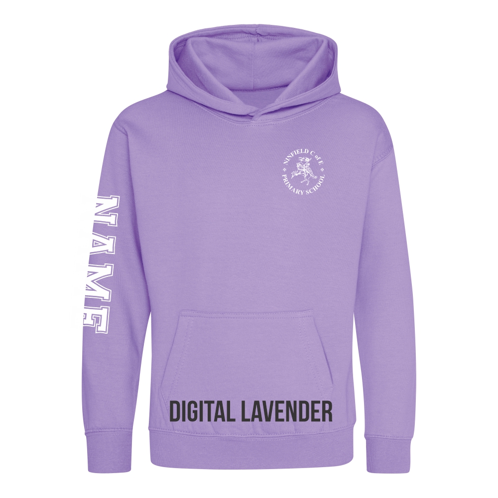 Frontal view of the digital lavender colour 2025 leavers hoodie for Ninfield Primary School.