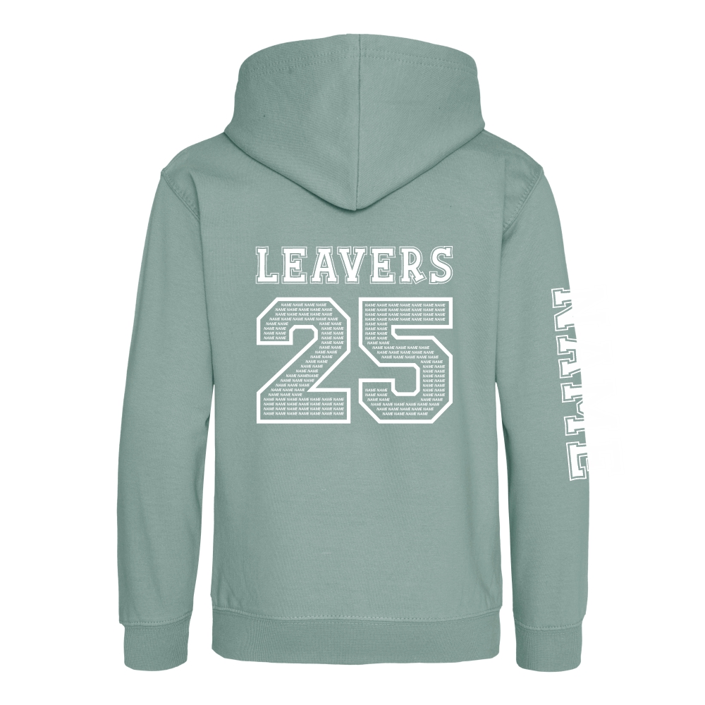 Rear view of the dusty green colour 2025 leavers hoodie for Ninfield Primary School.