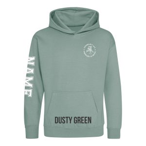 Frontal view of the dusty green colour 2025 leavers hoodie for Ninfield Primary School.