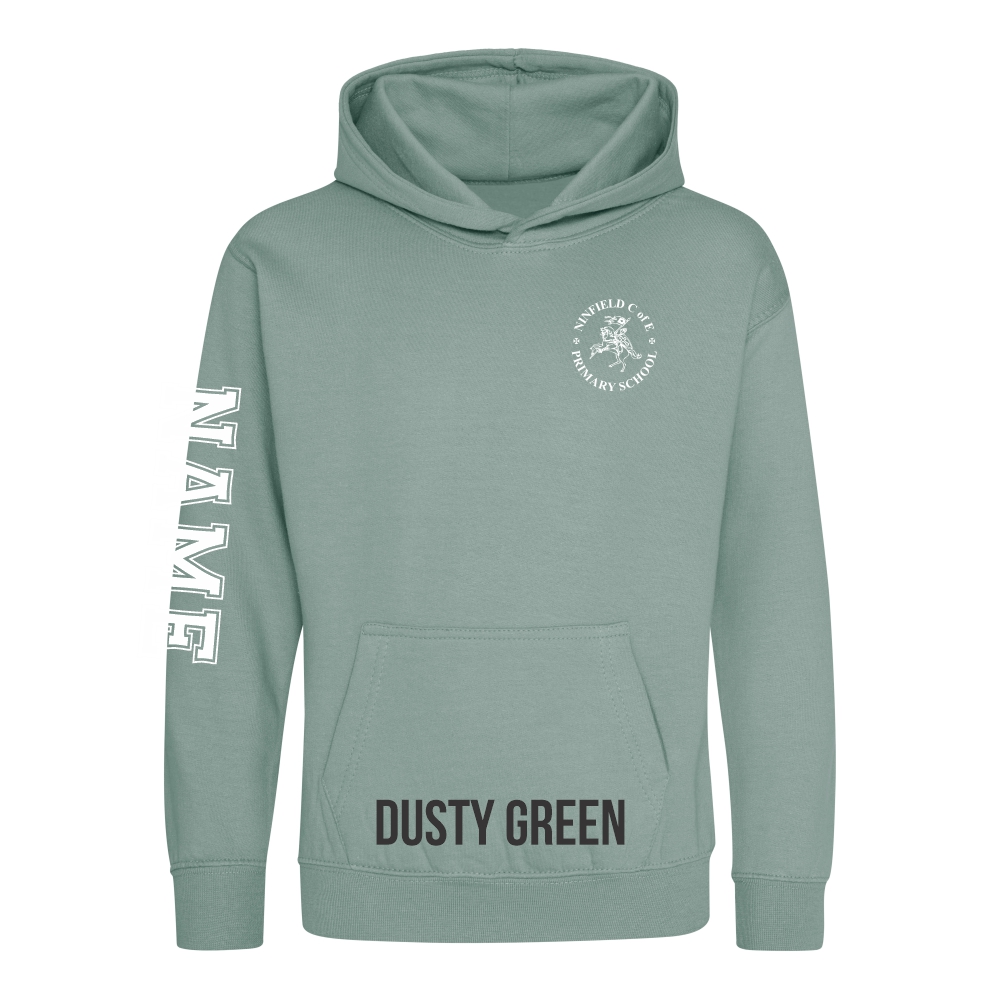 Frontal view of the dusty green colour 2025 leavers hoodie for Ninfield Primary School.
