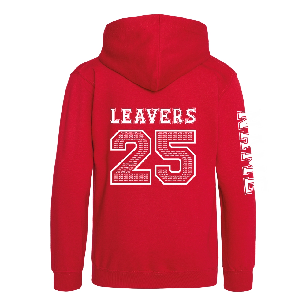 Rear view of the fire red colour 2025 leavers hoodie for Ninfield Primary School.