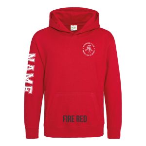 Frontal view of the fire red colour 2025 leavers hoodie for Ninfield Primary School.