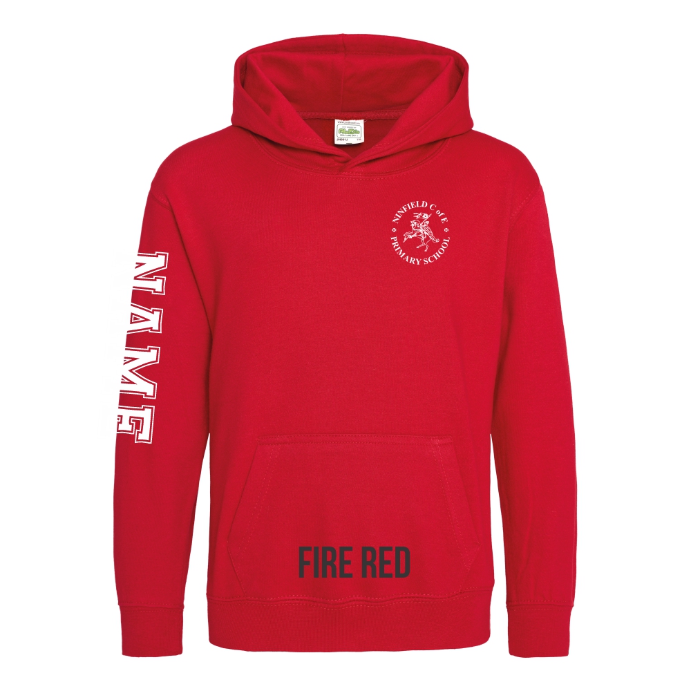 Frontal view of the fire red colour 2025 leavers hoodie for Ninfield Primary School.