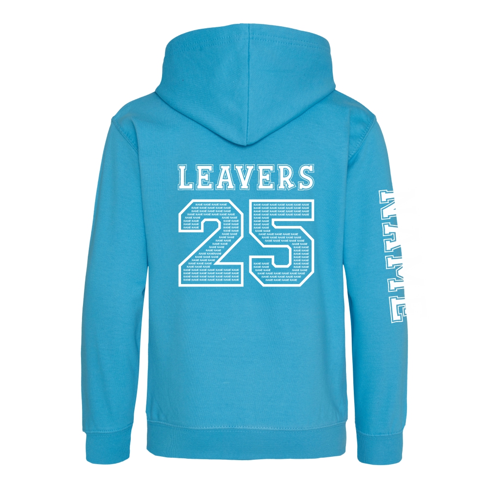 Rear view of the Hawaiian blue colour 2025 leavers hoodie for Ninfield Primary School.
