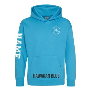 Frontal view of the Hawaiian blue colour 2025 leavers hoodie for Ninfield Primary School.