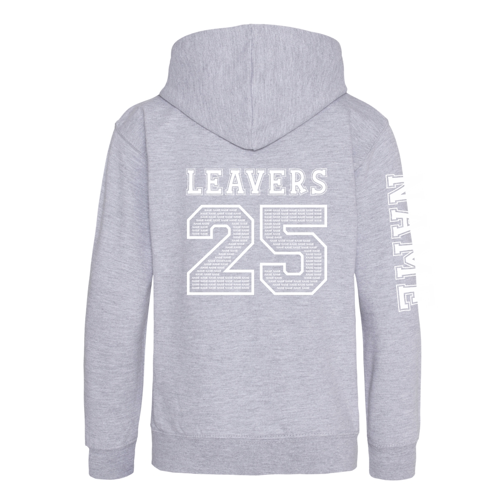 Rear view of the heather grey colour 2025 leavers hoodie for Ninfield Primary School.
