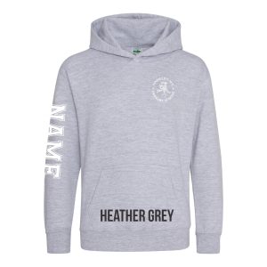 Frontal view of the heather grey colour 2025 leavers hoodie for Ninfield Primary School.