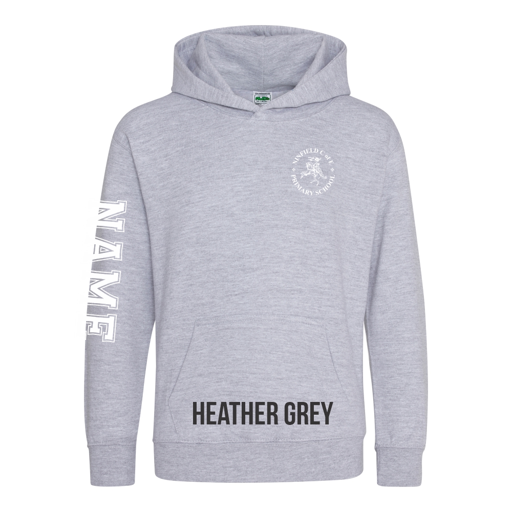 Frontal view of the heather grey colour 2025 leavers hoodie for Ninfield Primary School.