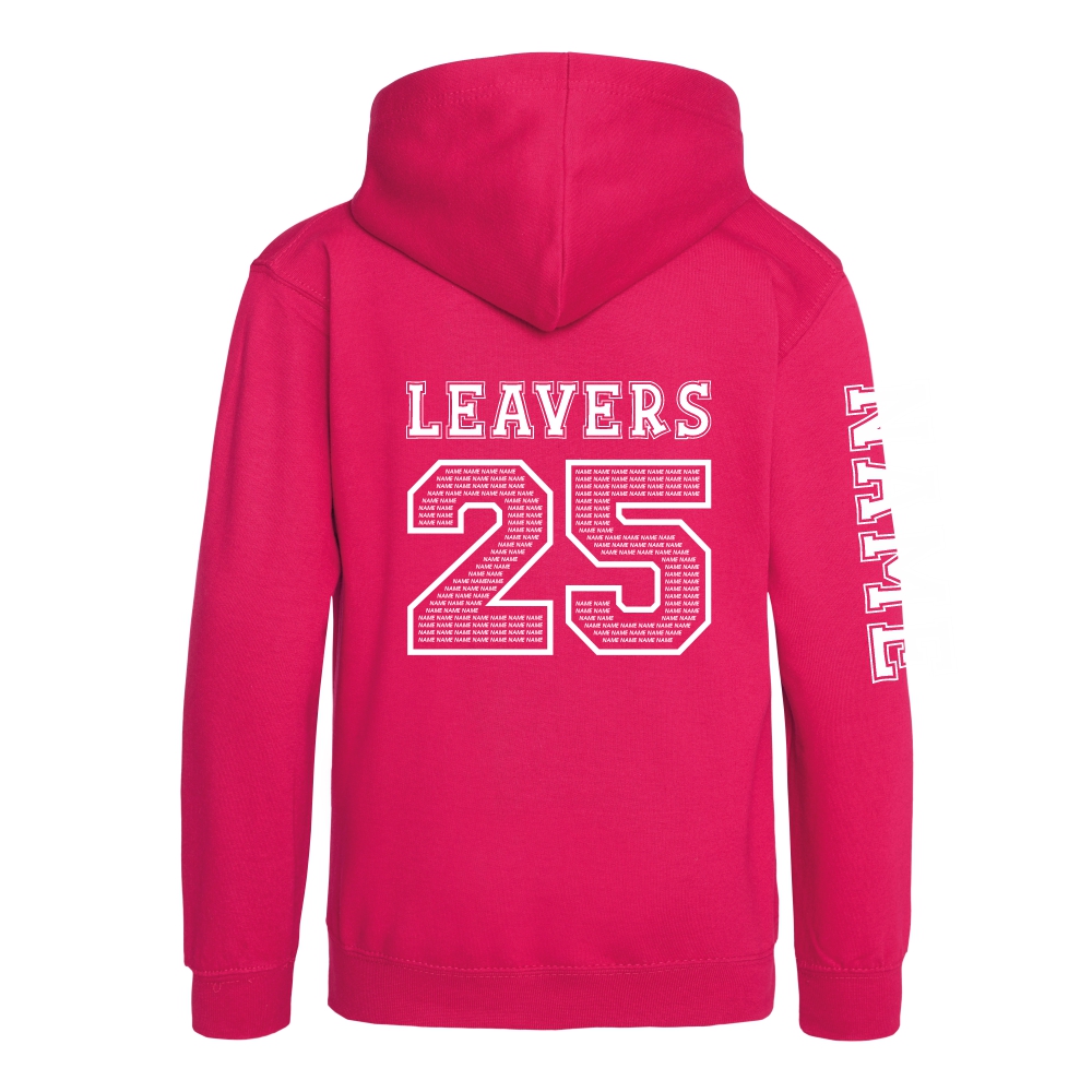 Rear view of the hot pink colour 2025 leavers hoodie for Ninfield Primary School.
