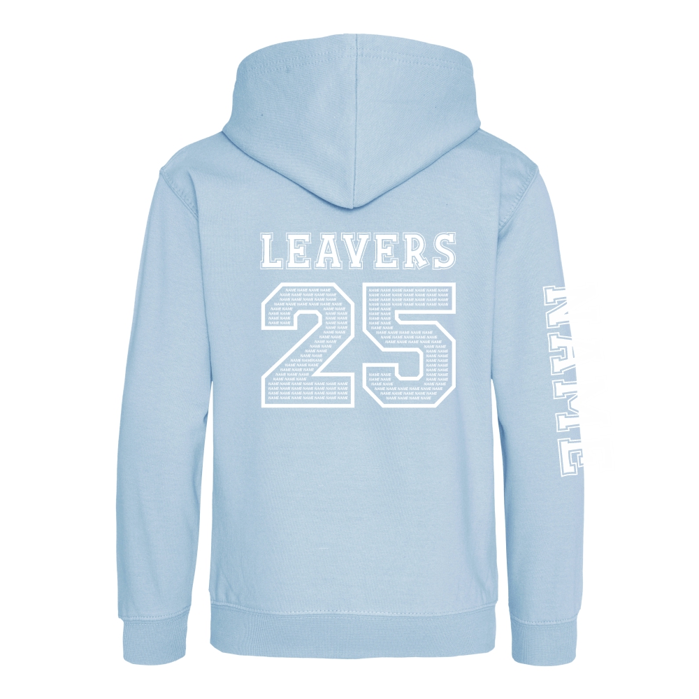 Rear view of the ice blue colour 2025 leavers hoodie for Ninfield Primary School.