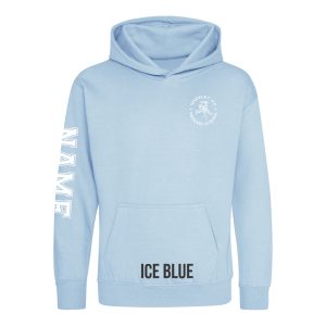 Frontal view of the ice blue colour 2025 leavers hoodie for Ninfield Primary School.