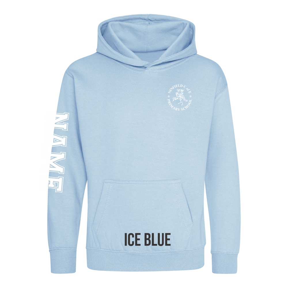Frontal view of the ice blue colour 2025 leavers hoodie for Ninfield Primary School.