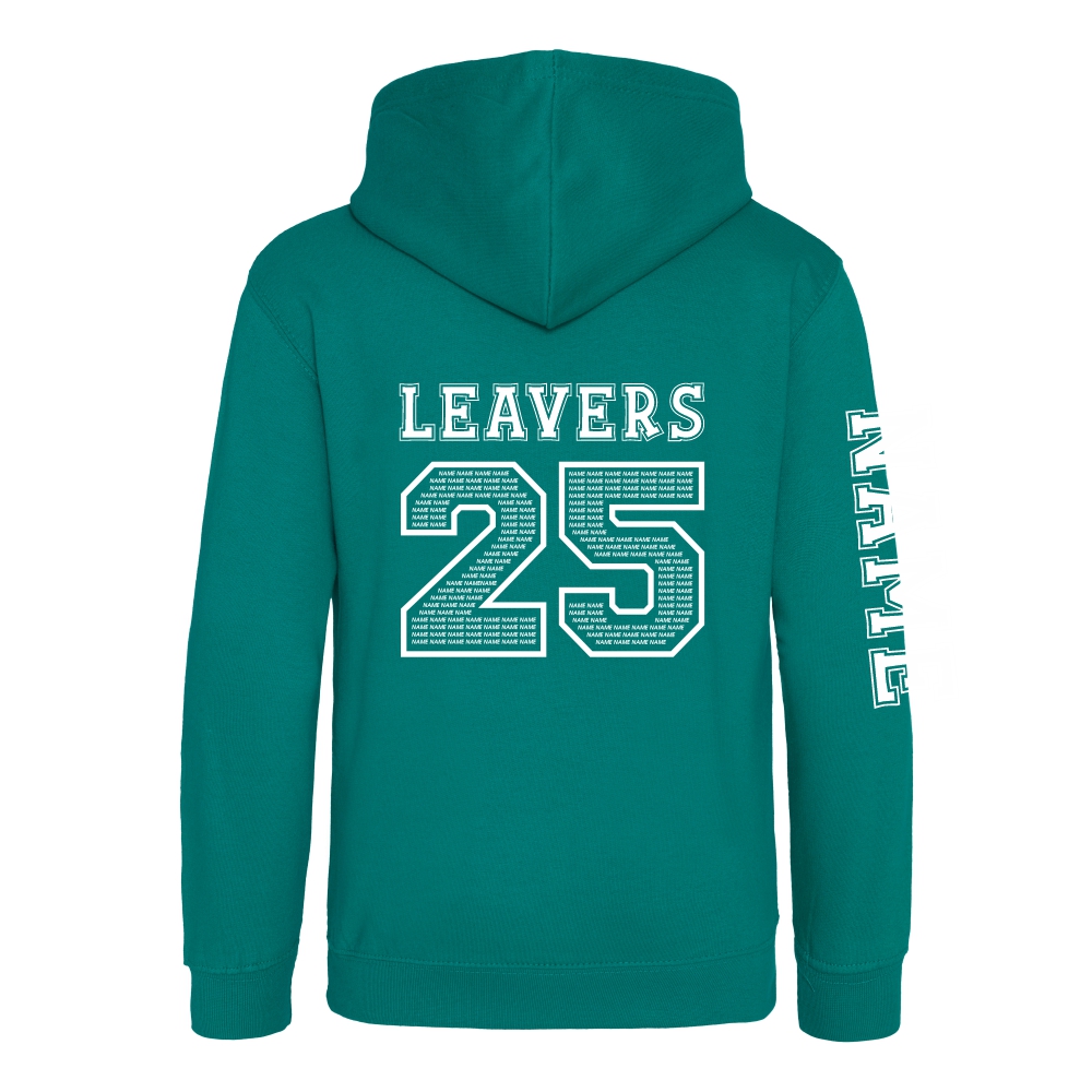 Rear view of the jade colour 2025 leavers hoodie for Ninfield Primary School.
