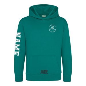 Frontal view of the jade colour 2025 leavers hoodie for Ninfield Primary School.