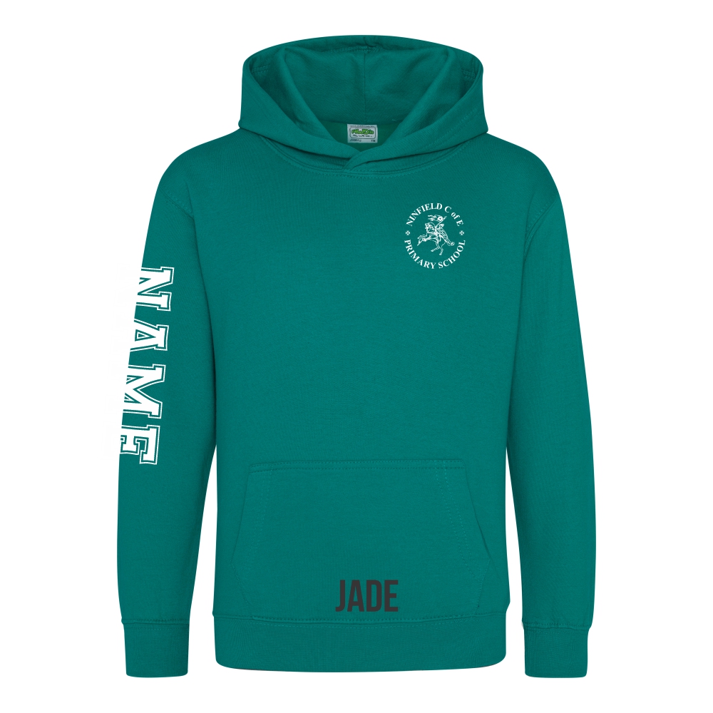 Frontal view of the jade colour 2025 leavers hoodie for Ninfield Primary School.