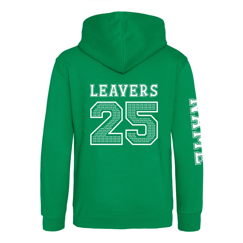 Rear view of the kelly green colour 2025 leavers hoodie for Ninfield Primary School.