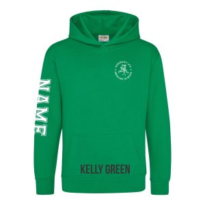 Frontal view of the kelly green colour 2025 leavers hoodie for Ninfield Primary School.