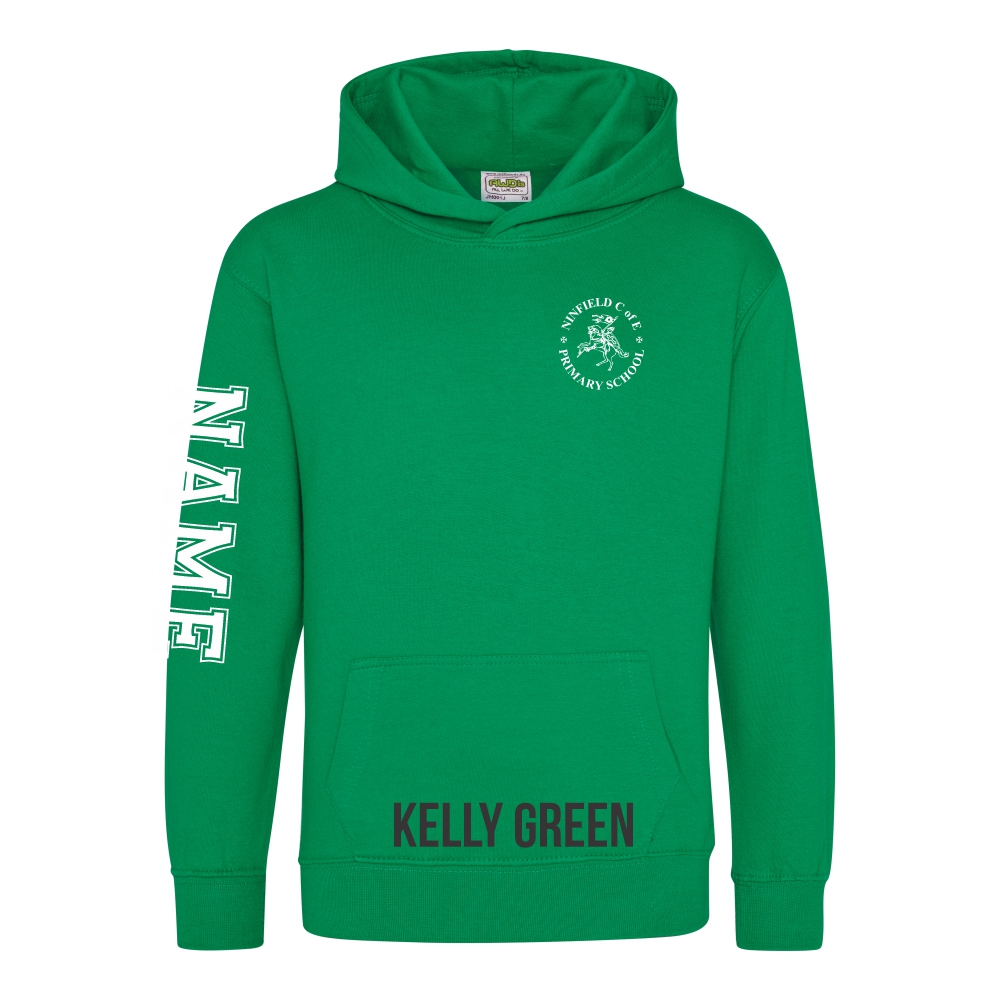 Frontal view of the kelly green colour 2025 leavers hoodie for Ninfield Primary School.