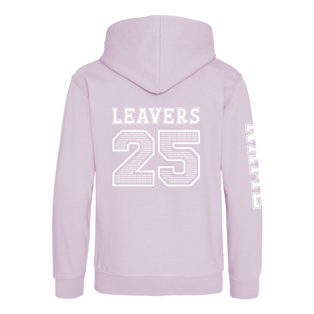 Rear view of the lilac colour 2025 leavers hoodie for Ninfield Primary School.