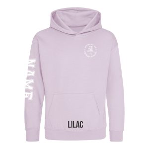 Frontal view of the lilac colour 2025 leavers hoodie for Ninfield Primary School.
