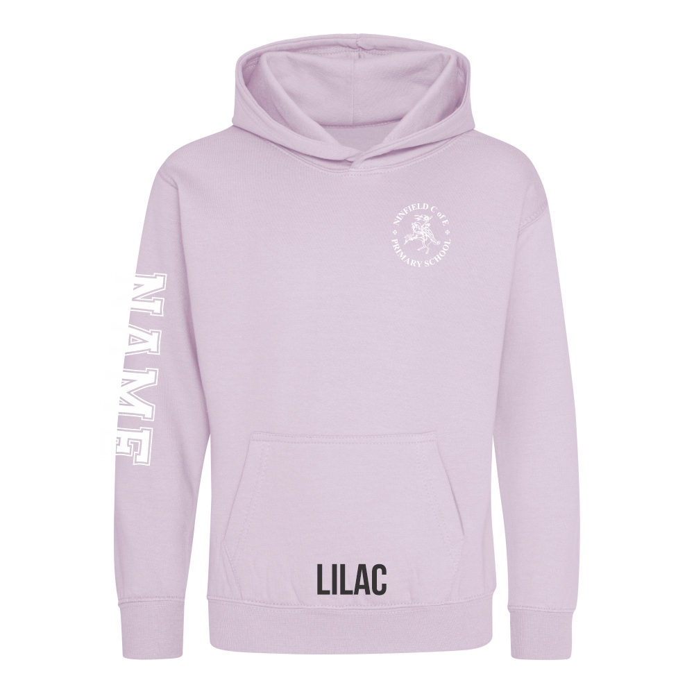 Frontal view of the lilac colour 2025 leavers hoodie for Ninfield Primary School.
