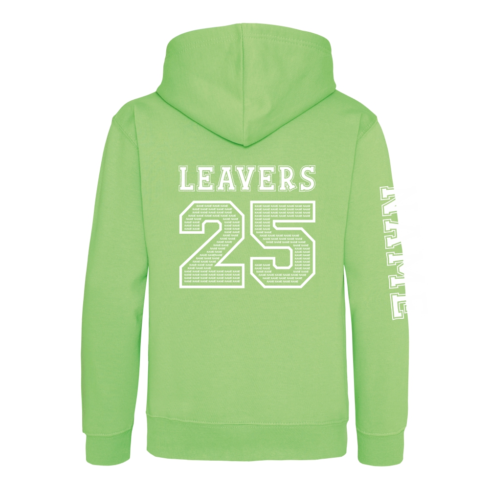 Rear view of the lime green colour 2025 leavers hoodie for Ninfield Primary School.