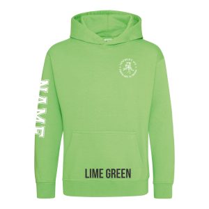 Frontal view of the lime green colour 2025 leavers hoodie for Ninfield Primary School.