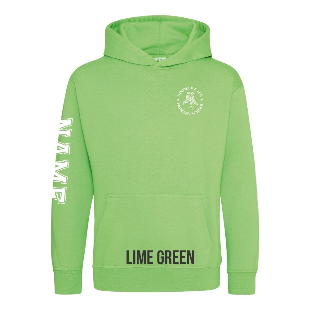 Frontal view of the lime green colour 2025 leavers hoodie for Ninfield Primary School.