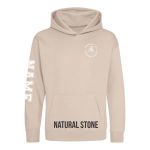 Frontal view of the natural stone colour 2025 leavers hoodie for Ninfield Primary School.