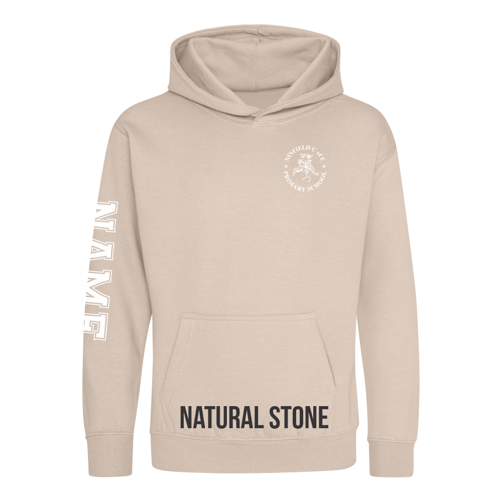 Frontal view of the natural stone colour 2025 leavers hoodie for Ninfield Primary School.