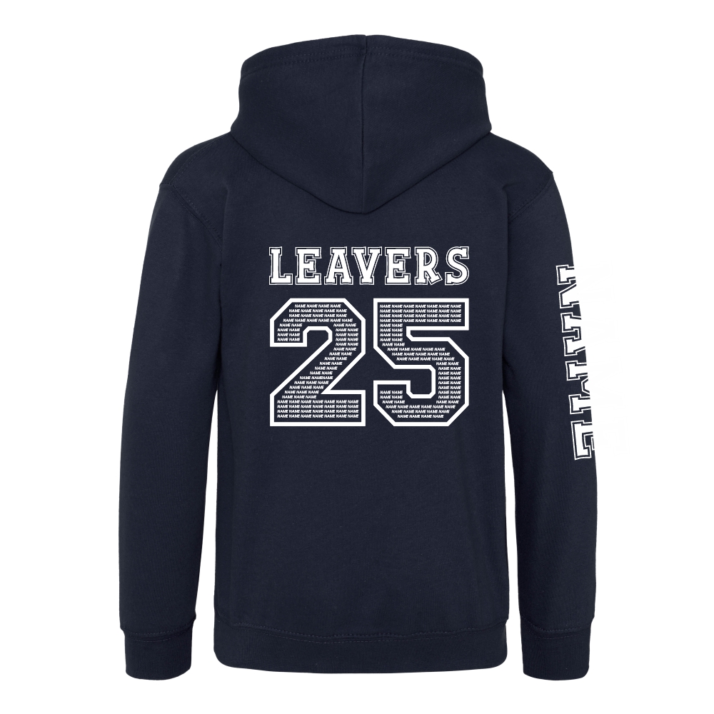 Rear view of the new French navy colour 2025 leavers hoodie for Ninfield Primary School.