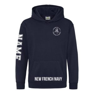 Frontal view of the new French navy colour 2025 leavers hoodie for Ninfield Primary School.