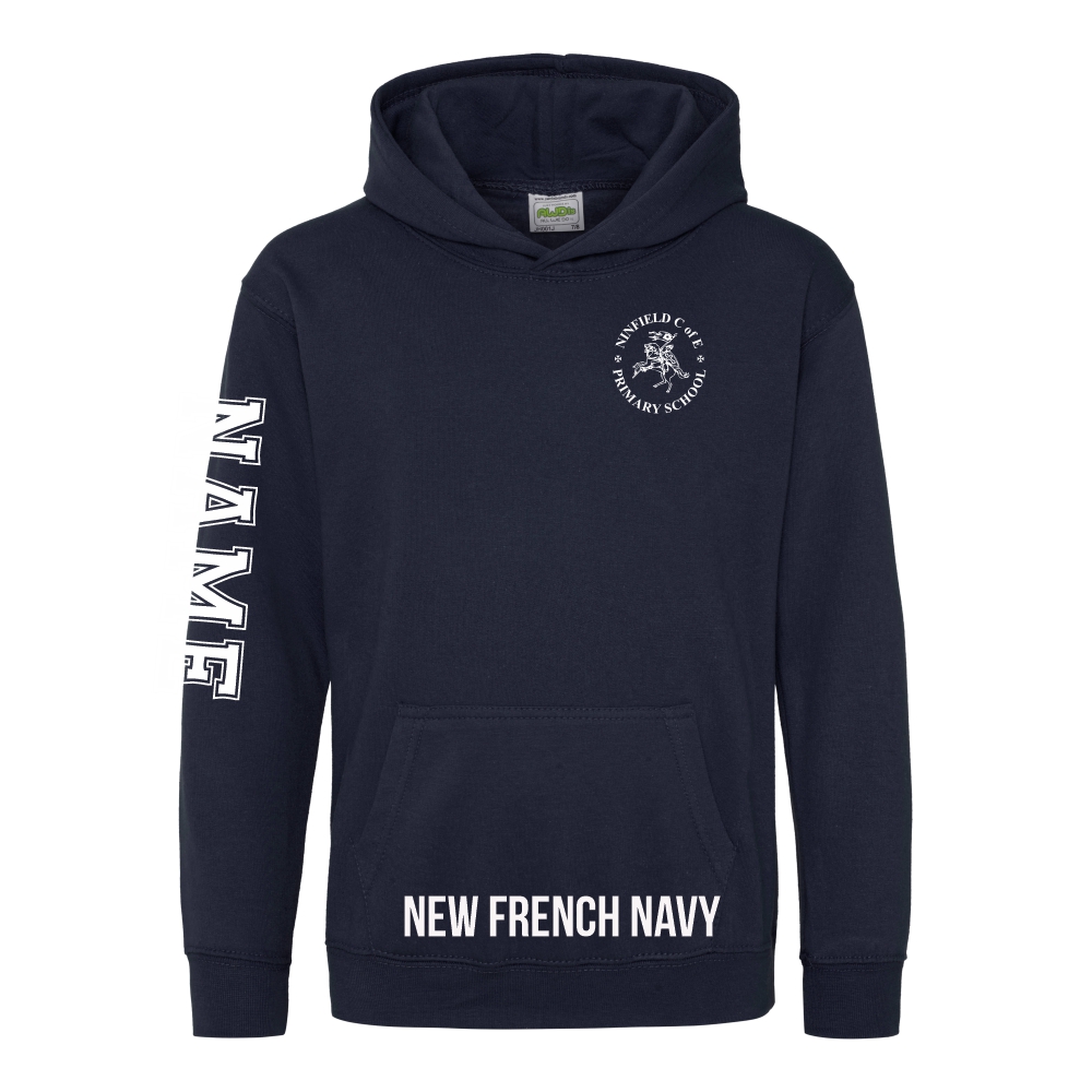 Frontal view of the new French navy colour 2025 leavers hoodie for Ninfield Primary School.