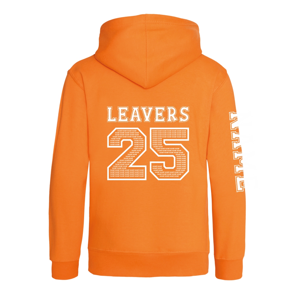 Rear view of the orange crush colour 2025 leavers hoodie for Ninfield Primary School.