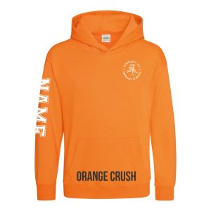 Frontal view of the orange crush colour 2025 leavers hoodie for Ninfield Primary School.